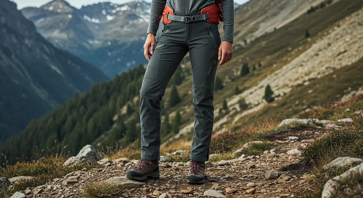 Femme portant un pantalon de randonnée technique sur un sentier de montagne